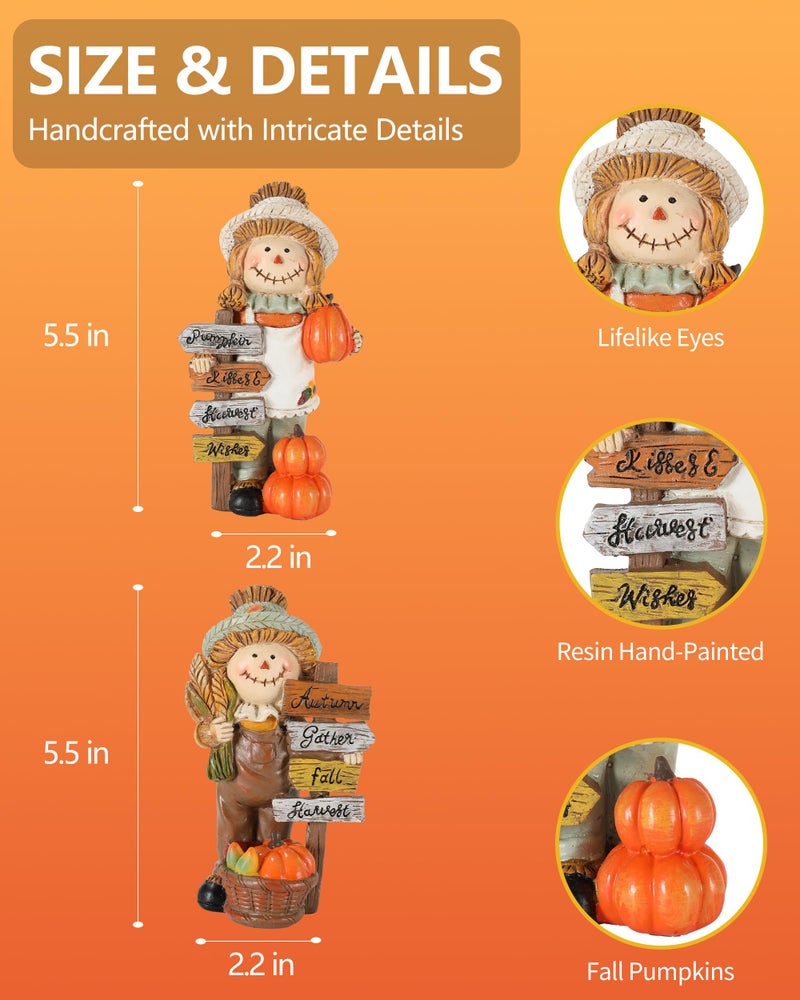 GoGnome 2-pack تماثيل فزاعة الشكر مع لوحات الخريف الملهمة - الراتنج المتين 5.5 بوصة ديكور طاولة عيد الشكر - ديكورات الخريف هدايا الحصاد الداخلية والخارجية (الفزاعات) - Image 5